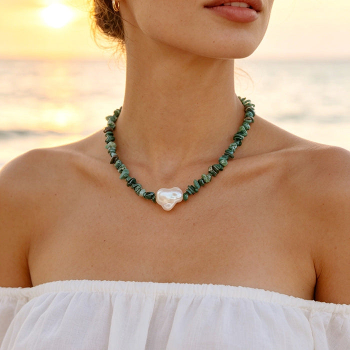 Green Bead & Pearl Necklace