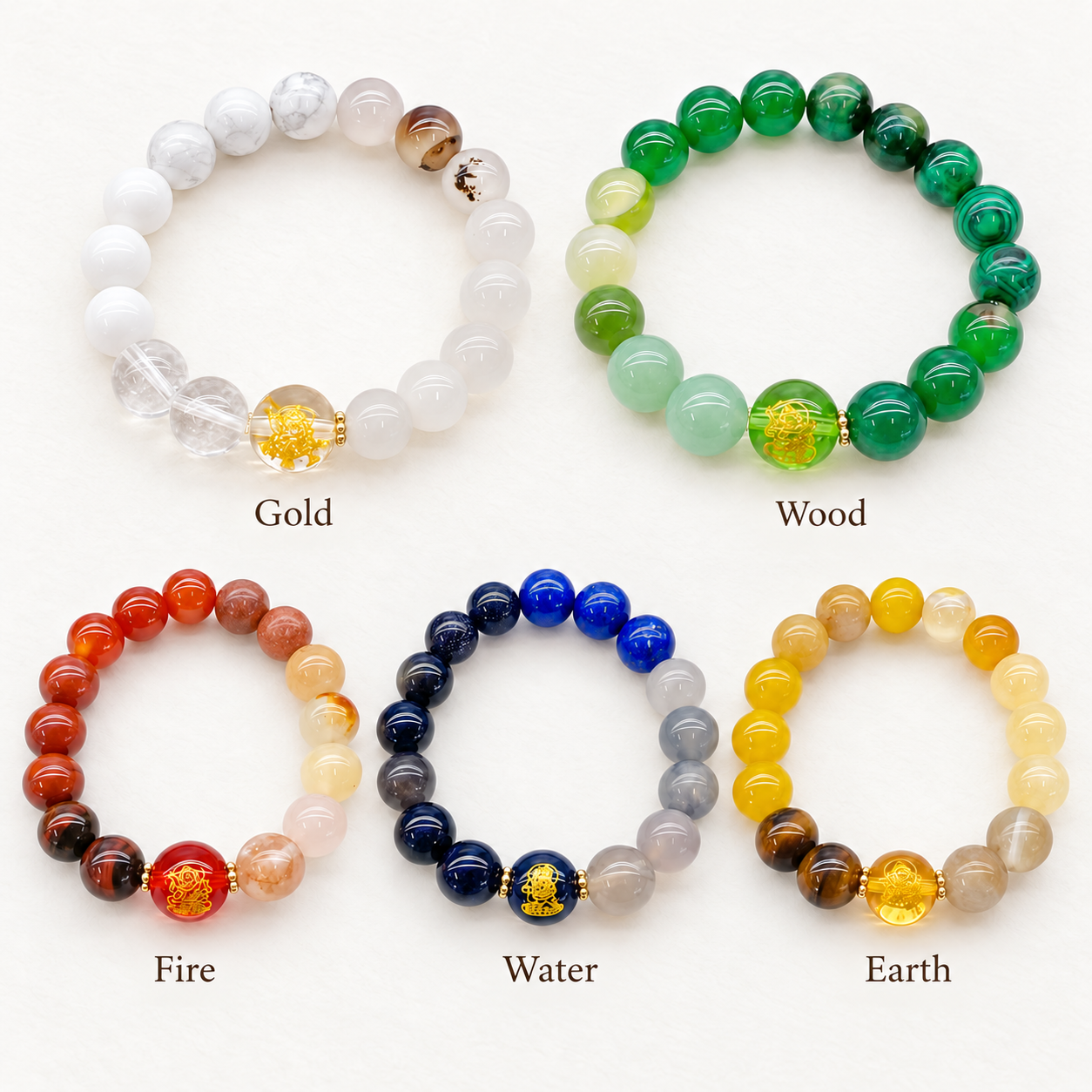 Colorful bead bracelet styles: Gold, Wood, Fire, Water and Earth. Each style sold separately.